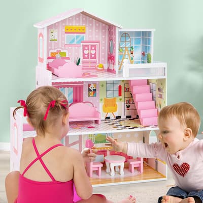 Kids Dollhouse Playset with 5 Simulated Rooms & 10 Pieces of Furniture