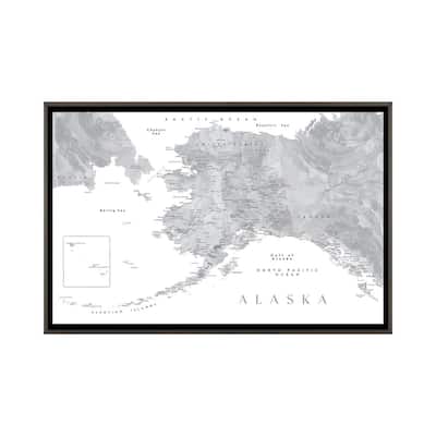 iCanvas "Gray Watercolor Detailed Map Of Alaska" by blursbyai Framed