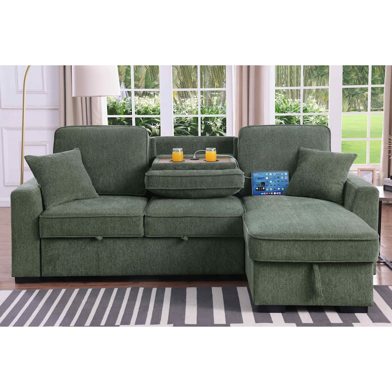 Chenille Reversible Sectional Sofa Convertible Pull Out Couch Bed