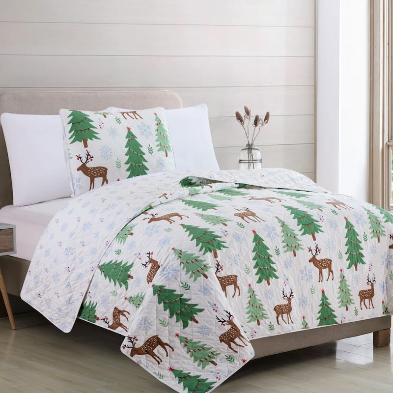 Premium Christmas Trees Microfiber Quilt Set With Shams