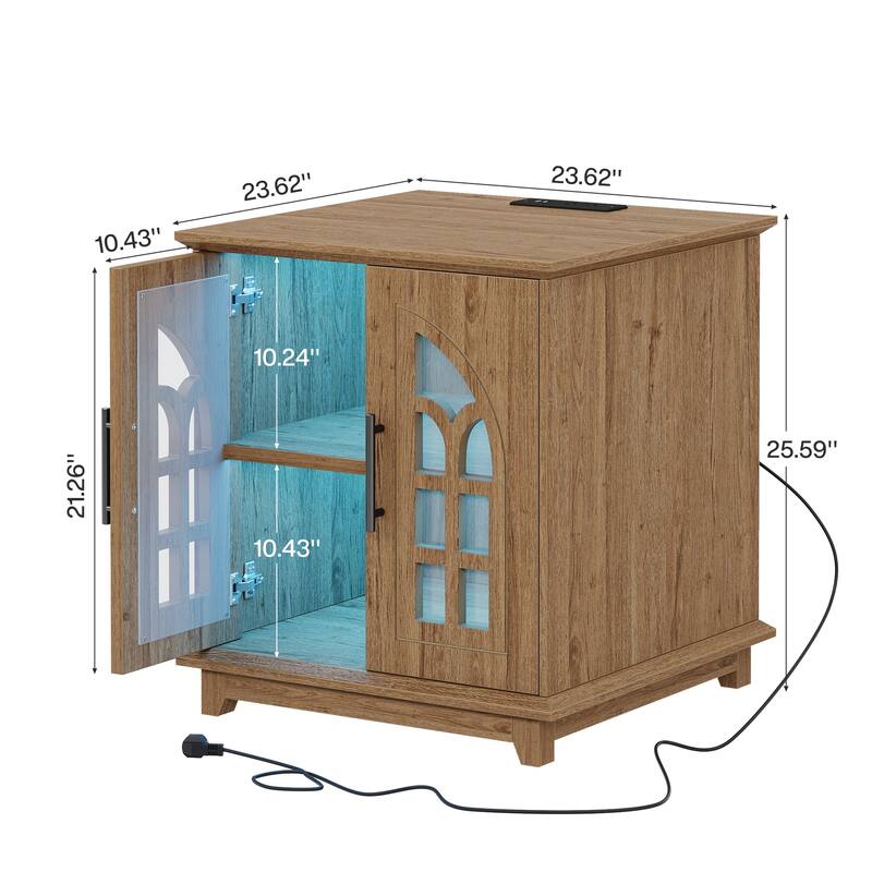 Farmhouse End Side Table with Charging Station & LED Light