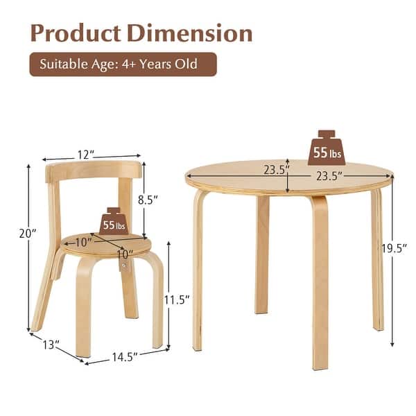 dimension image slide 1 of 3, Gymax 5-Piece Kids Wooden Curved Back Activity Table & Chair Set w/Toy