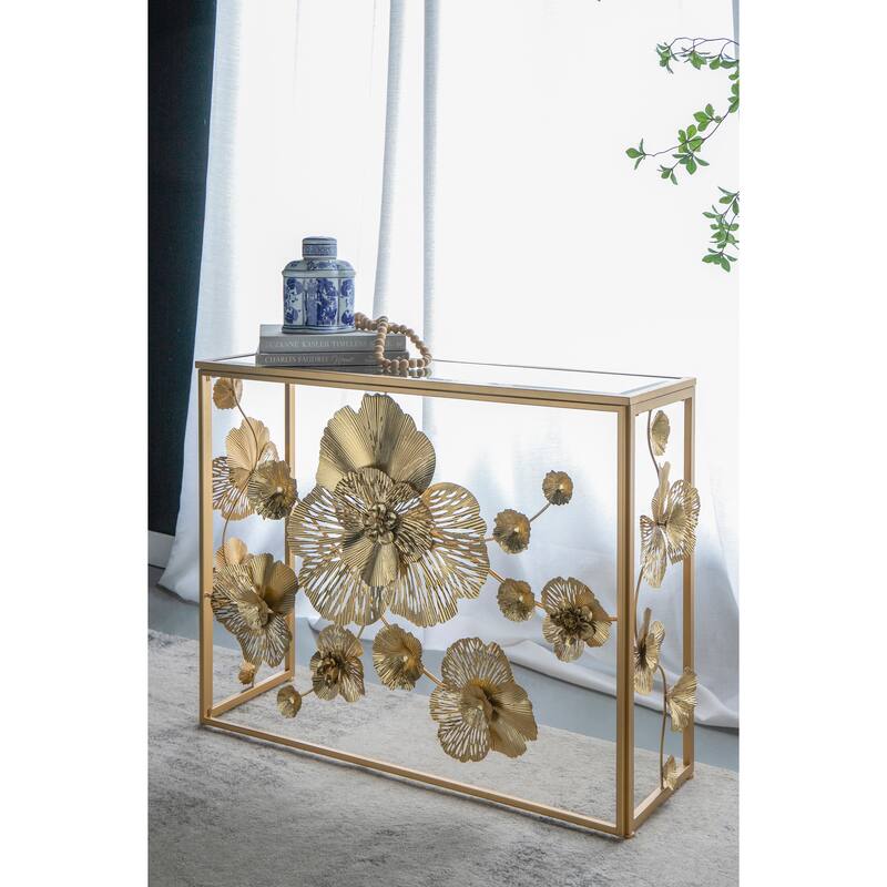 39.5" x 12" x 30.5" Gold Console Table with Mirrored Glass Top, Modern Entryway Table