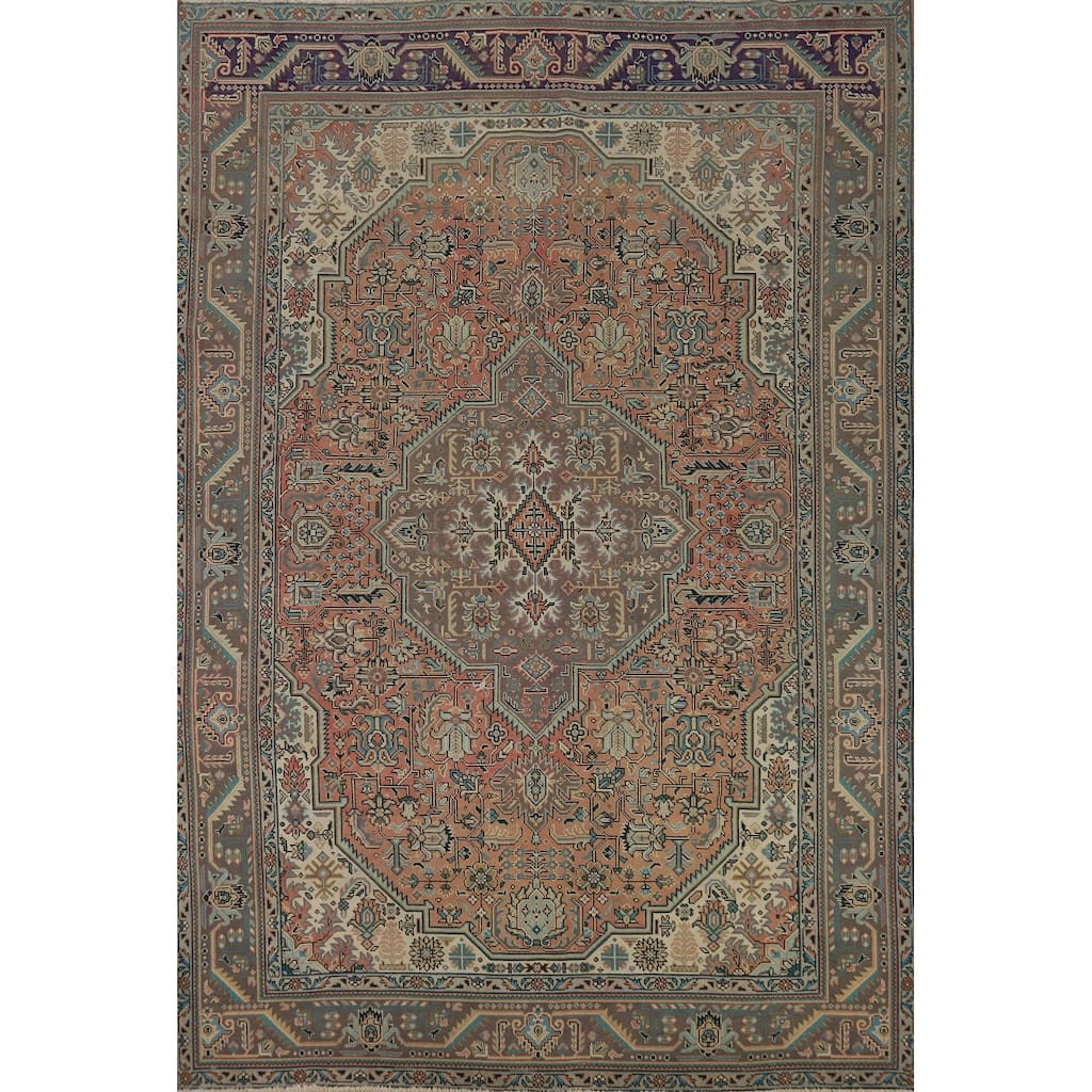 Orange Tabriz Persian Vintage Rug Hand-Knotted Wool Carpet - 6'8" x 9'6"