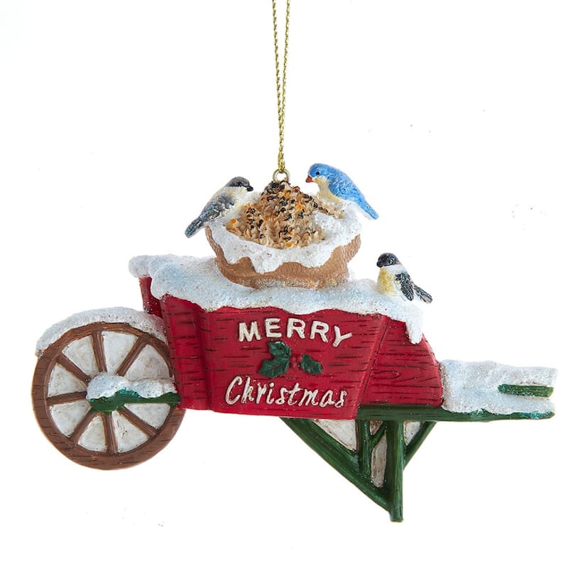 Backyard Birds Feeding on Snowy Wheelbarrow Christmas Holiday Ornament - Multi