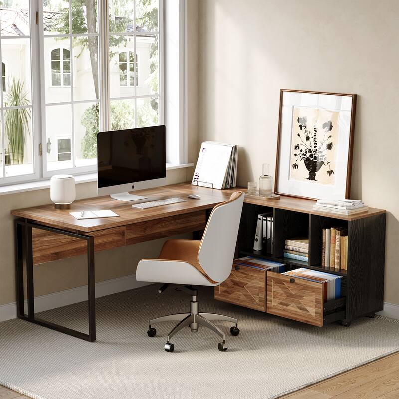 L-Shaped Office Desk with File Cabinet, Large Executive Computer Desk with Drawers - Brown + Black