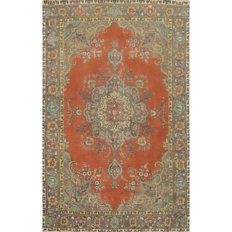 Hand Knotted Oriental 100% Wool Carpet Traditional Floral Oranges & Rust Tabriz Area Rug - 9' 10'' X 6' 7''