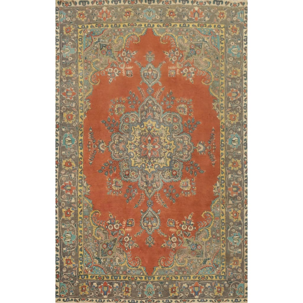 Hand Knotted Oriental 100% Wool Carpet Traditional Floral Oranges & Rust Tabriz Area Rug - 9' 10'' X 6' 7''