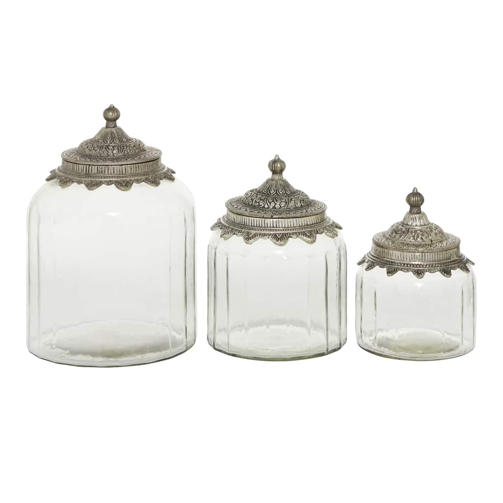 Glass Decorative Jars with Engraved Silver Lids - Set of 3 Clear - Roche River Decor - 7"W x 7"L x 9"H