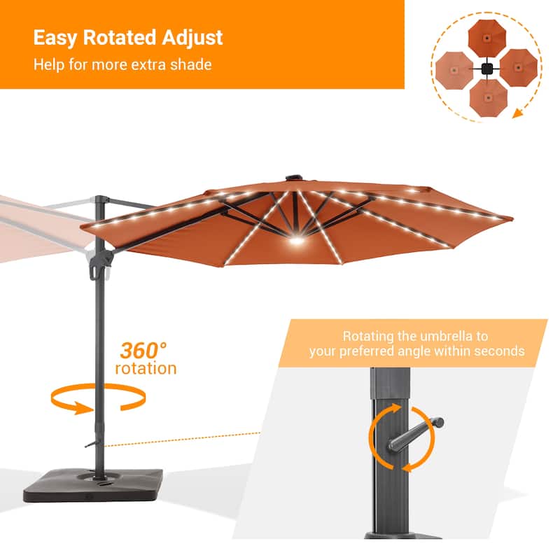 BONOSUKI 11ft LED Aluminum Patio Cantilever Offset Umbrella with Base