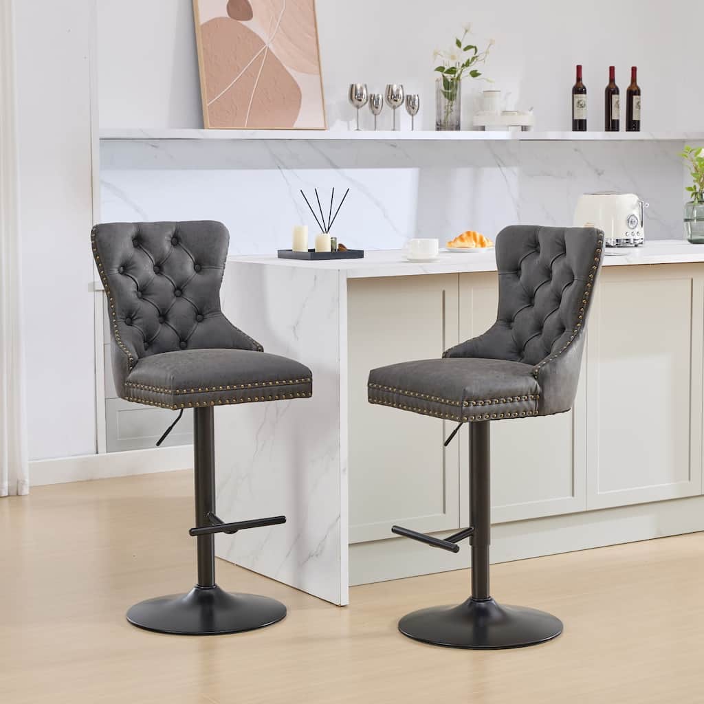 Set of 2 Aged Retro PU Swivel Barstools with Tufted Back, Adjustable Height 26-33" - Black
