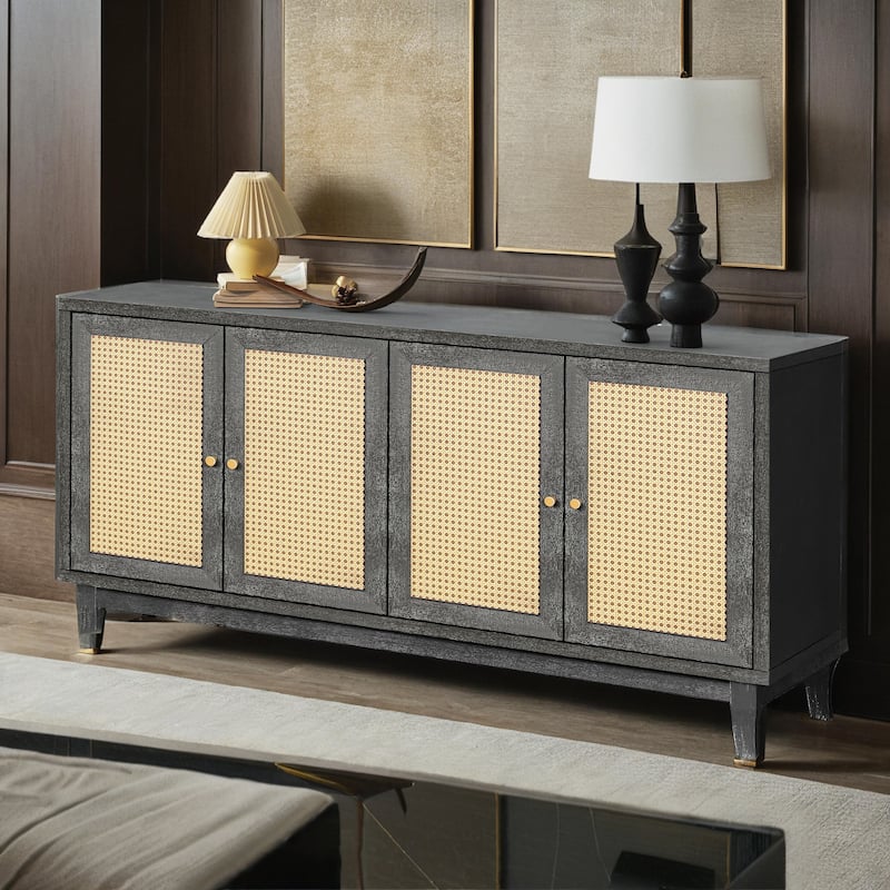 Handcrafted Premium Grain Panels,Rattan Sideboard Buffer Cabinet,Accent Storage Cabinet With 4 Rattan Doors