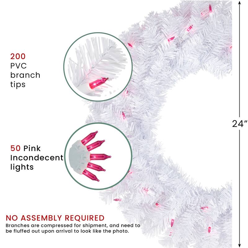 Woodbury White Pine Artificial Christmas Wreath, 24-Inch, Pink Lights
