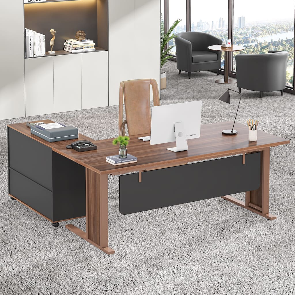 63" L Shaped Executive Computer Desk with Mobile File Storage Cabinet for Home Office Study