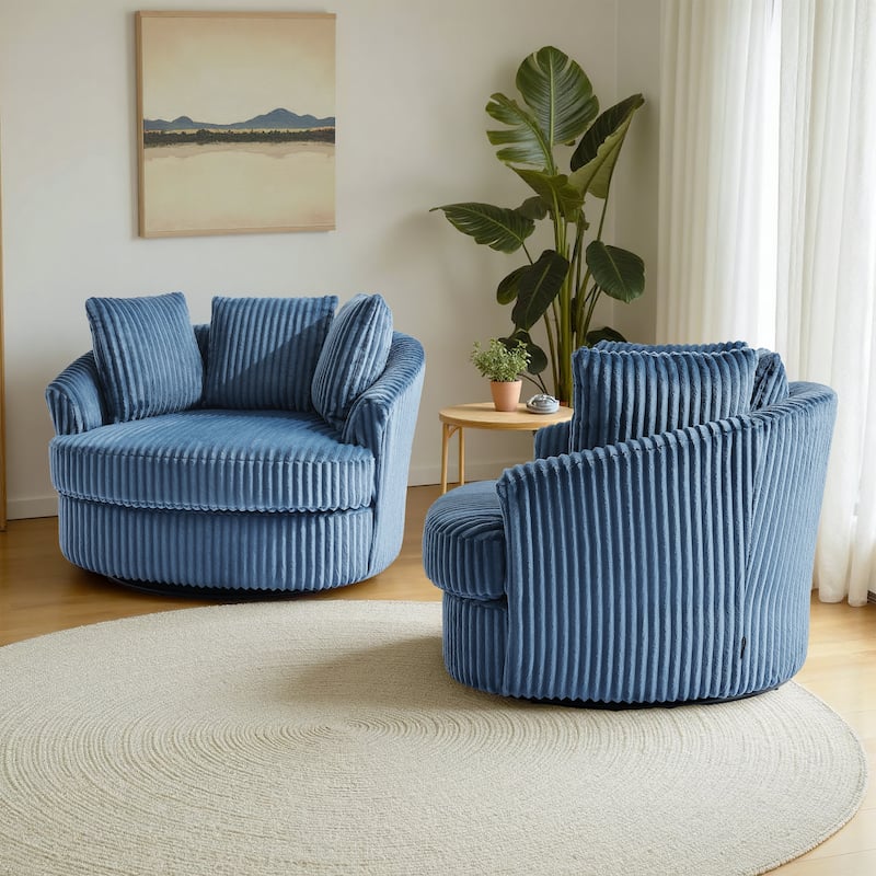 2 Set Oversized 43" W Plush Corduroy Swivel Barrel Chair with Pillows
