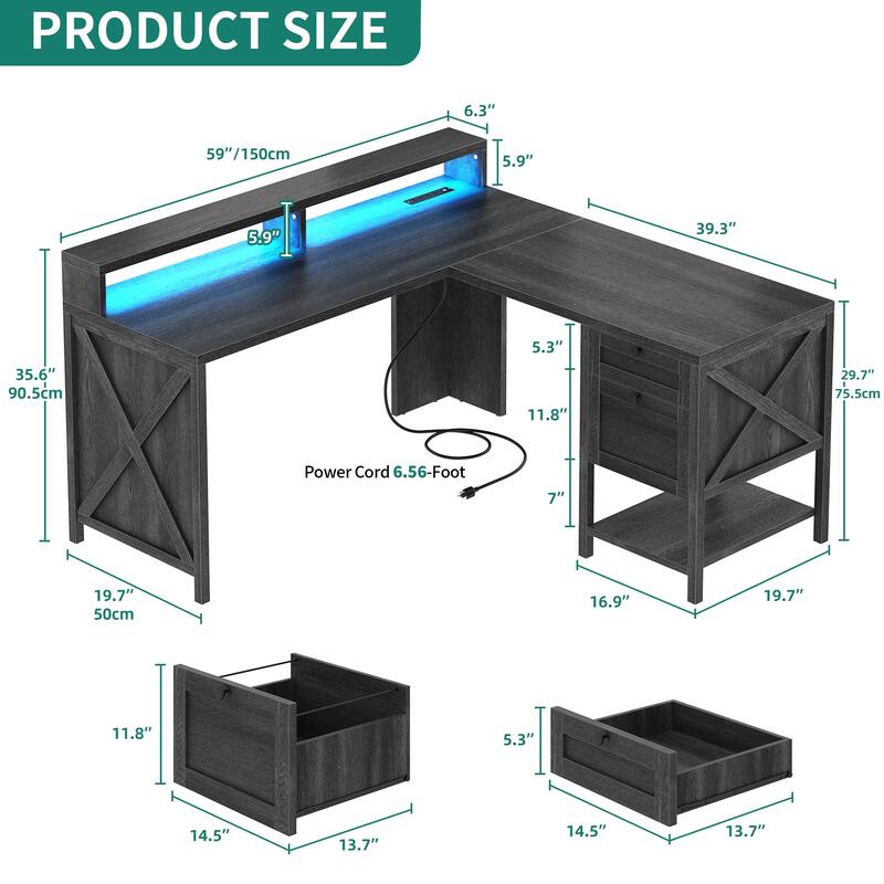 Moasis X-Design Farmhouse 60-inch Corner L-Shaped Computer Gaming Desk with Power Outlets LED Lights