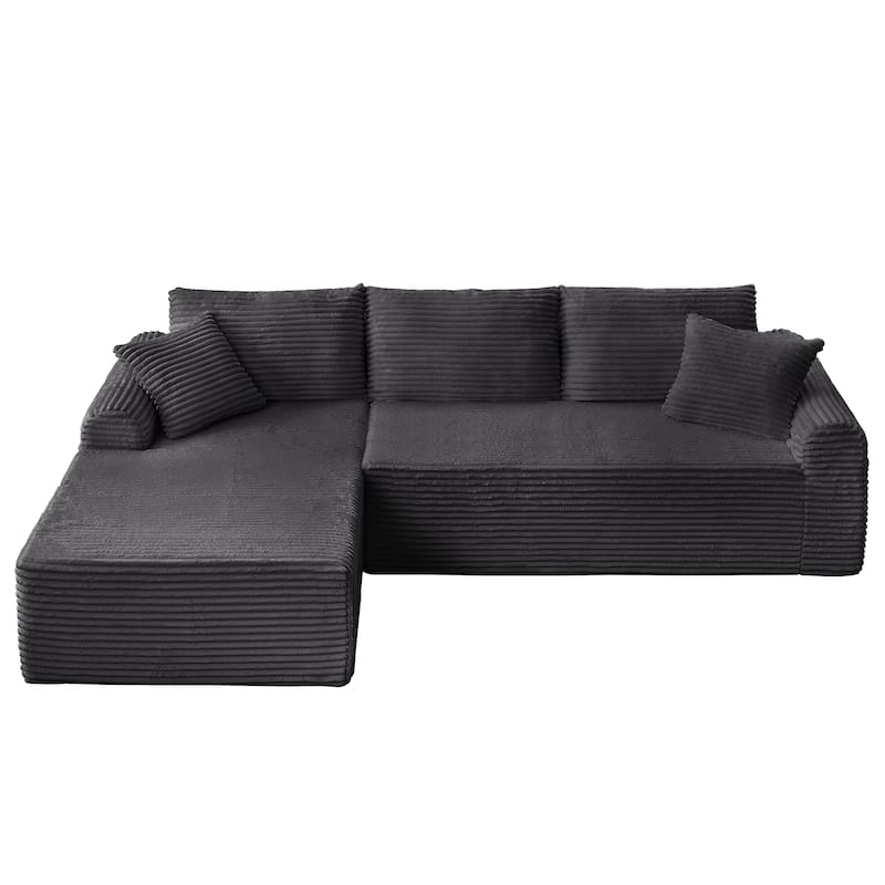 Cozy Corduroy Sectional Sofa with Arched Armrests and Cushions and Throw Pillows for Living Room - Black