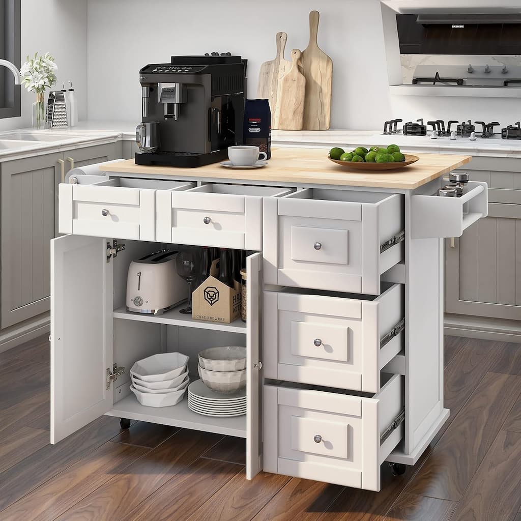 Rolling Kitchen Island with Drop Leaf - Mobile Cart with Wooden Countertop, Spice Rack, Adjustable Shelves & Drawers