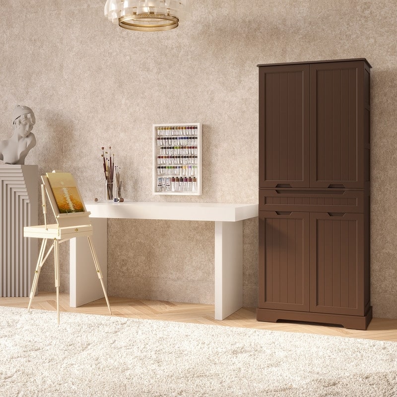 71" Freestanding Modern 4 Doors Kitchen Storage Pantry Cabinet with Shelves and Drawers Tall Kitchen Storage Cabinet Organizer