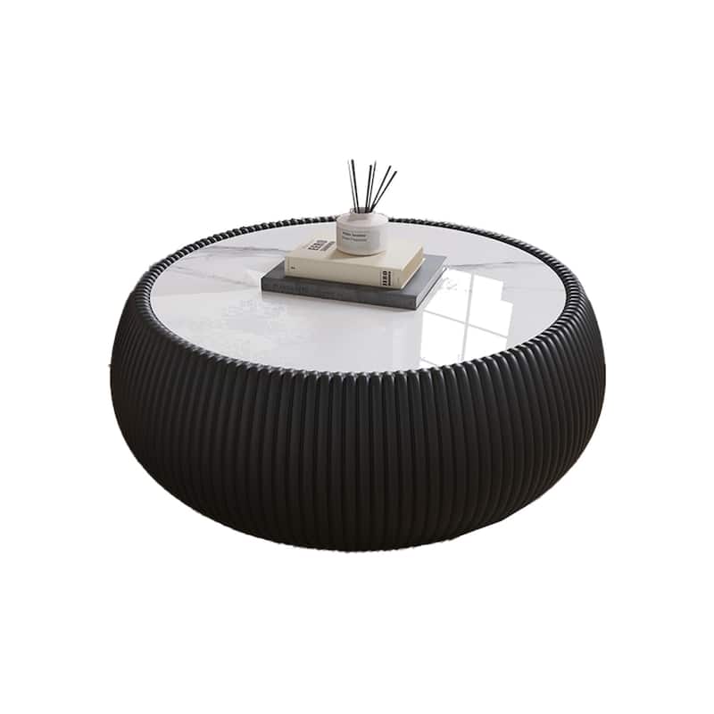 27.55" Round Coffee Table, Faux Marble Top Drum Shape Low Coffee Table, Modern Center Table with Leather Frame for Living Room