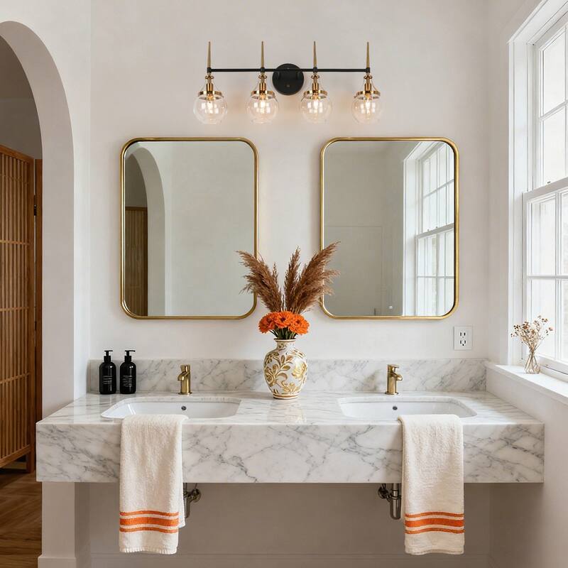 Beta Modern 4-Light Gold Black Bathroom Vanity Light Orb Glass Wall Sconce - 28.5''L x 7''W x 12.5''H