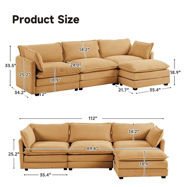 dimension image slide 10 of 16, Corduroy Sectional Sofa with Removable Ottomans & Ultra-soft Cushions for Living Room & Bedroom