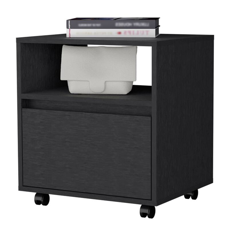 Compact and Stylish Black Nightstand with Durable Construction and Four Caster Wheels