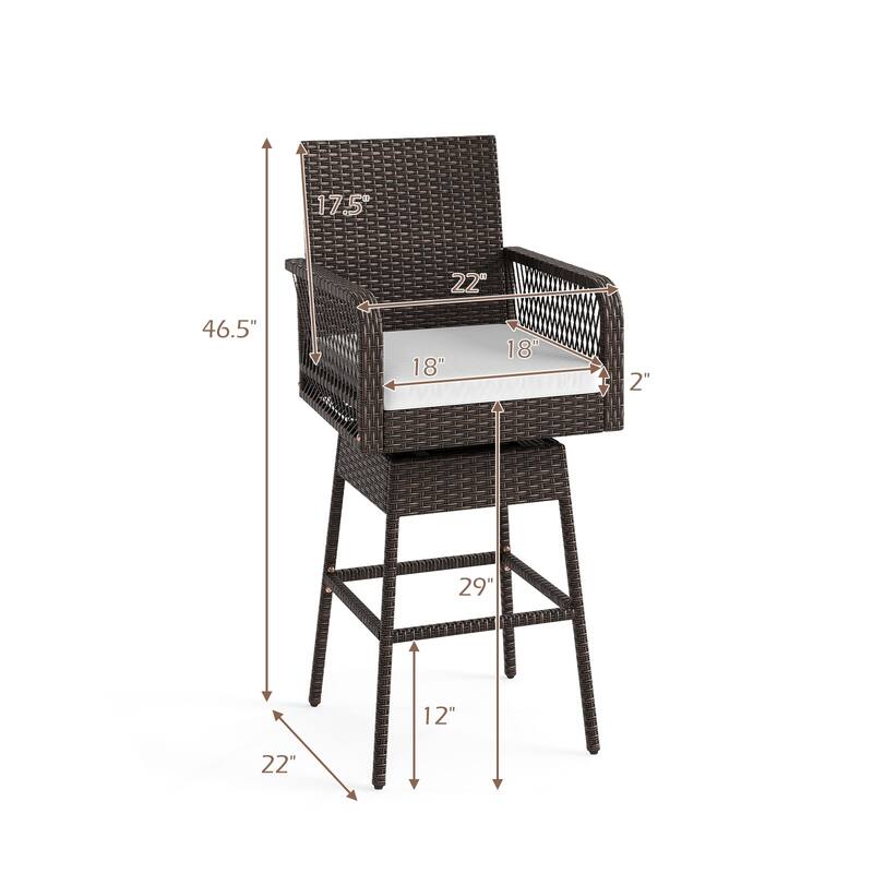 29-Inch Mix Brown Rattan Bar Height Swivel Stool with Comfortable Cushion for Outdoor Use - 22" x 22" x 46.5"