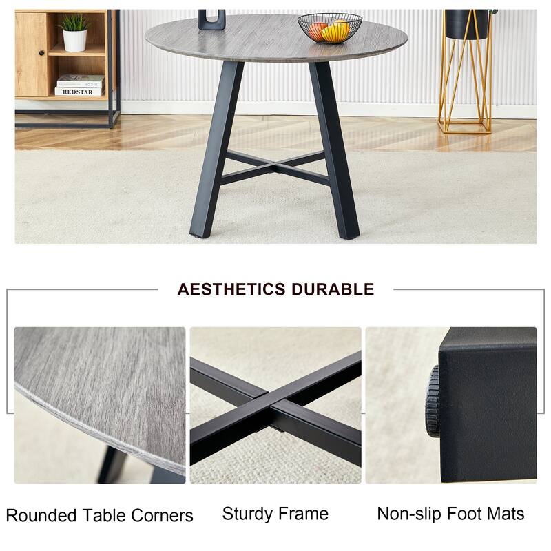 42" Round Minimalist Dining Table Set for 4, Wood Grain Dinner Table with 4 Techno-Fabric Chairs and Metal Legs
