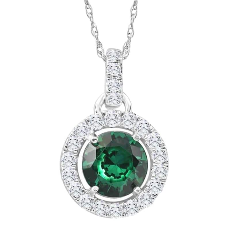 1 1/2Ct Emerald Diamond Halo Pendant Women's White Gold Necklace 18" Length