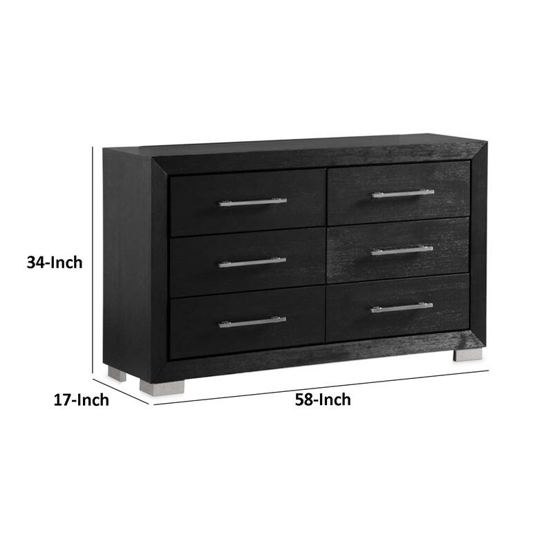 Ashen Wide Dresser, 6 Drawers, Black Solid Wood, Chrome Metal