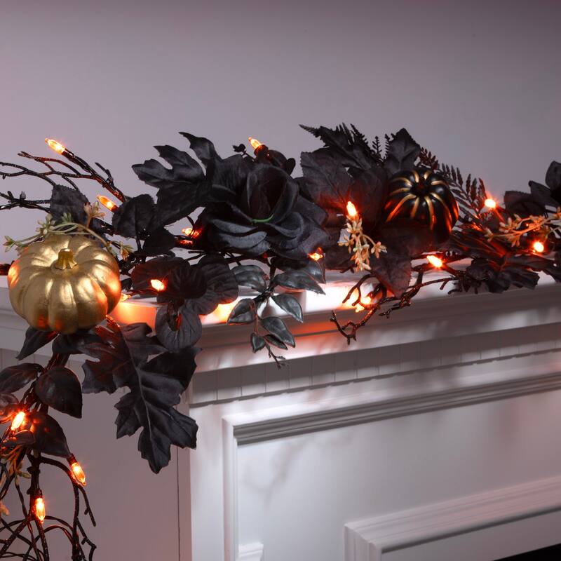 National Tree Company 6 ft. Artificial Chic Eek Black and Gold Halloween Garland, 50 Orange LED Lights, Battery Operated - 6 ft