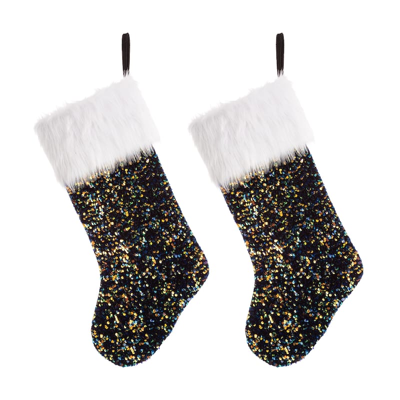 Glitzhome 21"L Red Sequin Christmas Stocking with Faux Fur Cuff
