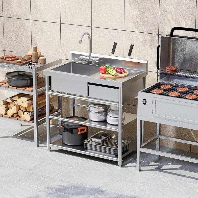 36 In. Stainless Steel Freestanding Single Bowl Sink Laundry/Utility Sink In Silver With Drawer & Hanging Hook - N/A