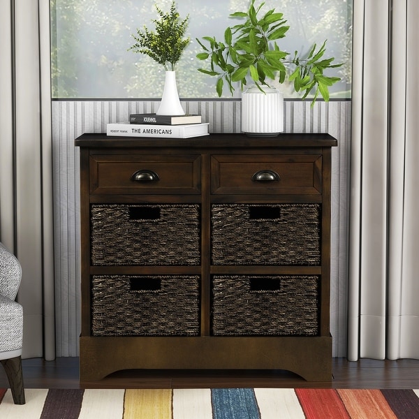 Wooden Cabinet with 2 Wicker Baskets Furniture Storage Decor Shabby Chic 44cm 