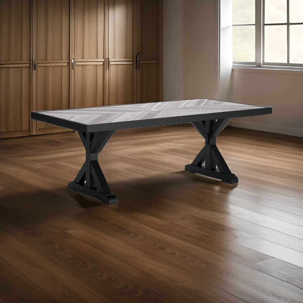 Tira 84 Inch Outdoor Dining Table, Tile Top, Black, Light Gray Finish