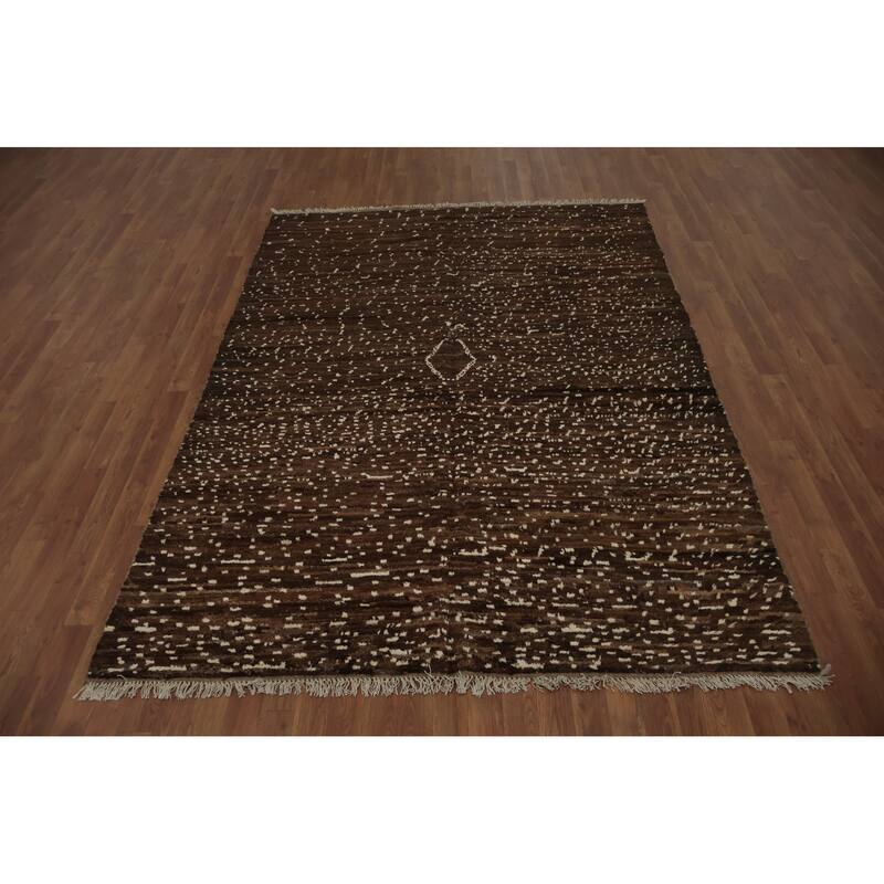 Hand Knotted Oriental 100% Wool Carpet Modern Geometric Brown Moroccan Area Rug - 8' 7'' X 6' 1''