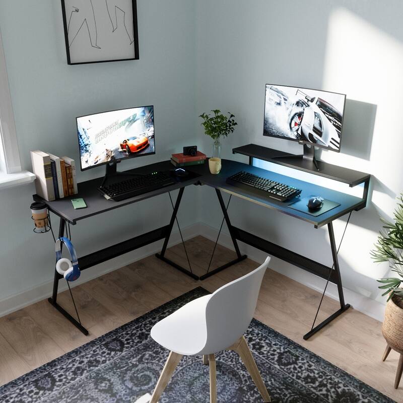 55 Inch Gaming Desk LED L Shaped Computer Corner Desk