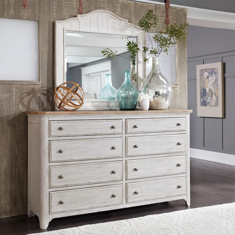 Farmhouse Reimagined Antique White & Chestnut Dresser & Mirror - 8-drawer
