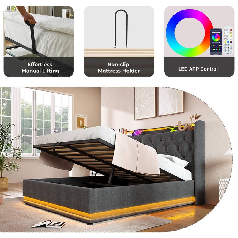 Upholstered Storage Bed with 360掳 LED, App/Remote Control, USB Charging, Twin/Full/Queen/King, Gray Linen