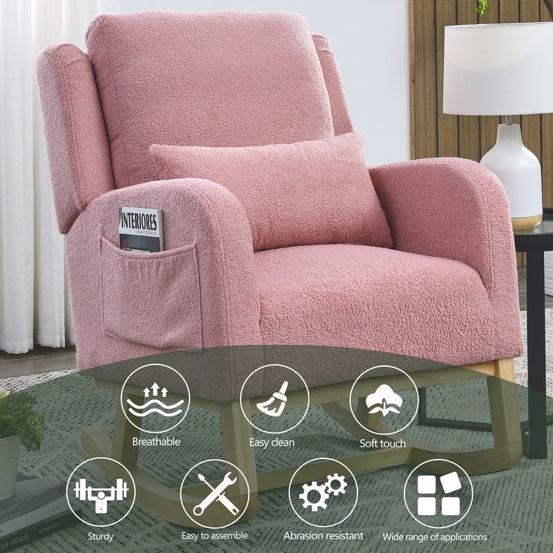 Grondin Modern Style Rocking Chair, Teddy Fabric Upholstered Nursery Rocker with Side Pockets