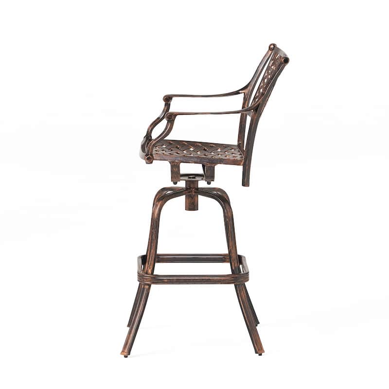 Roomfitters Swivel Patio Bar Stool with Floral Design, Cast Aluminum Frame, Adjustable Height, Comfortable Armrests