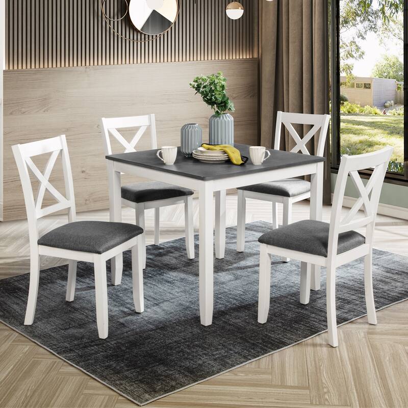 5-Piece Wooden Dining Table Set, Kitchen Table Chairs Set with Square Table, 4 X-Shaped Backrest Upholstered Chair
