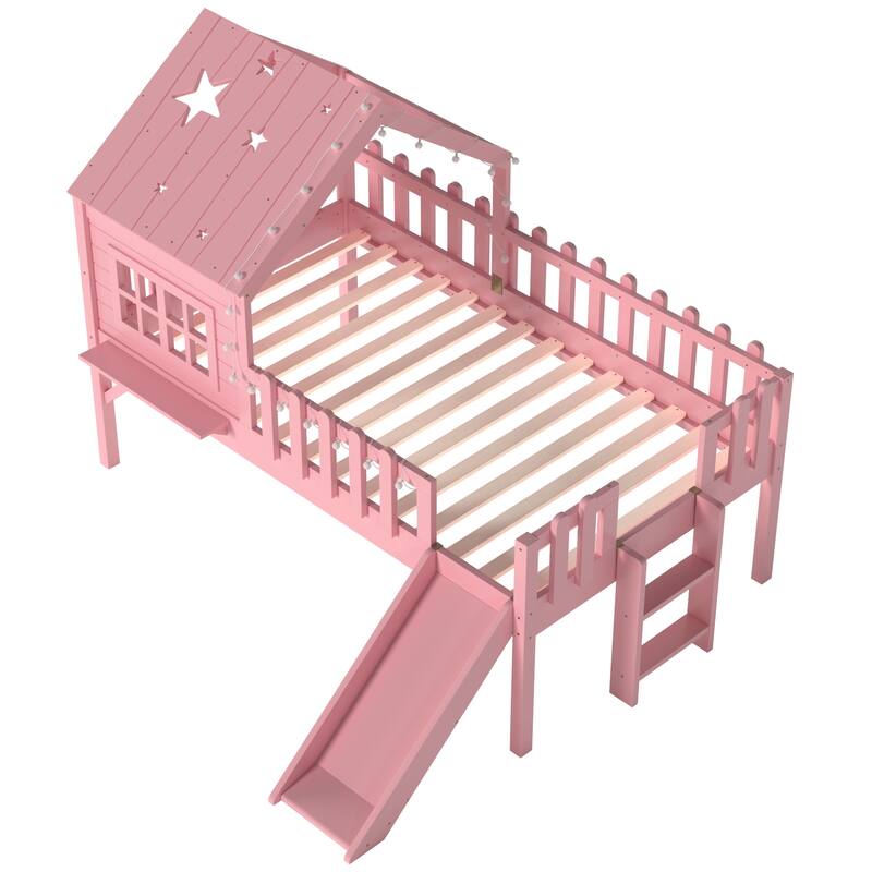 Twin Size House Loft Bed with Slide,Playhouse Bed with Star Moon-shaped Designs and Window, Chic Design with LED Lights