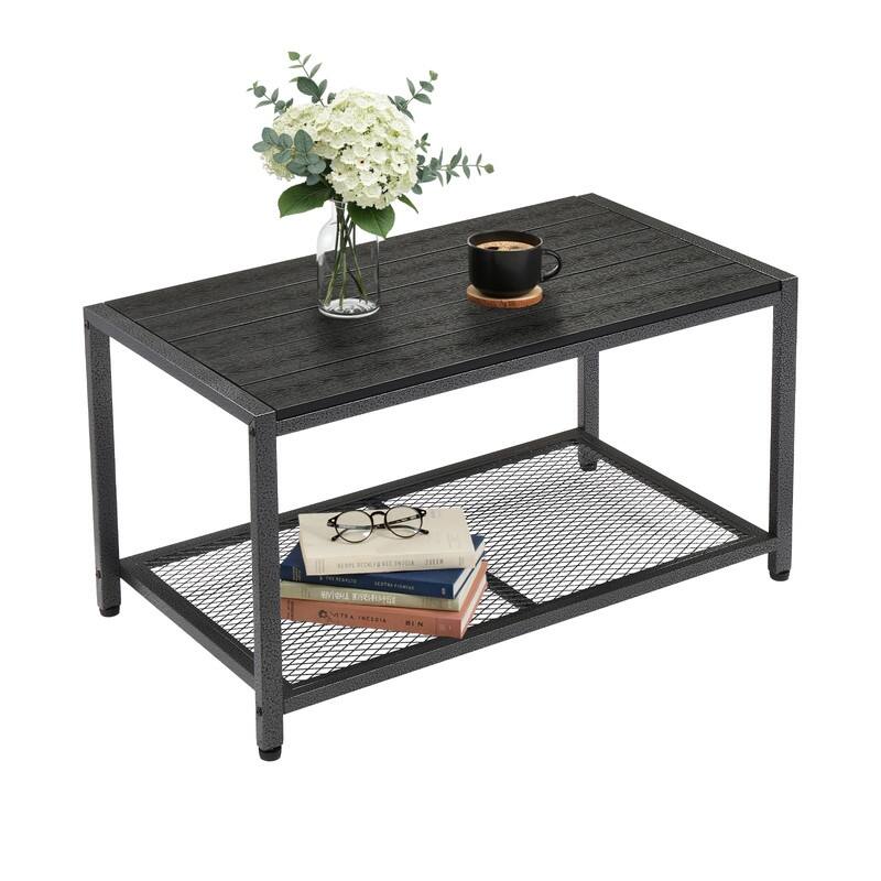 35 in Black Rectangular Metal Outdoor Coffee Table, 2-Tier Space-Saving Patio Table