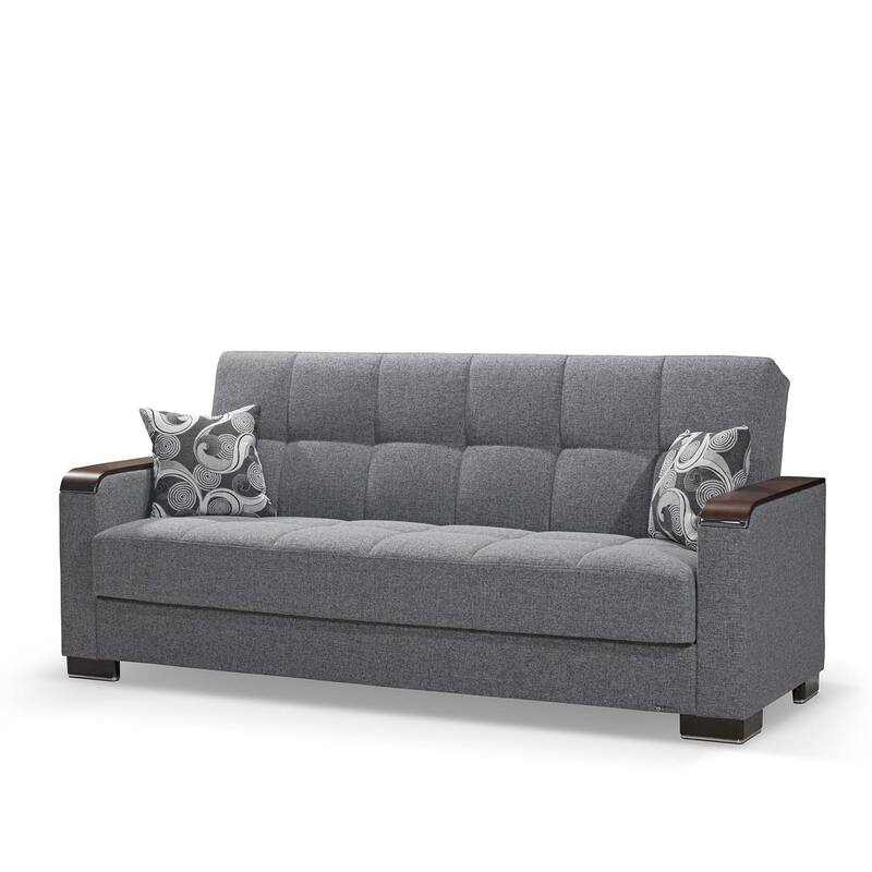 HomeRoots 87" Gray Chenille Convertible Futon Sleeper Sofa And Toss Pillows With Storage