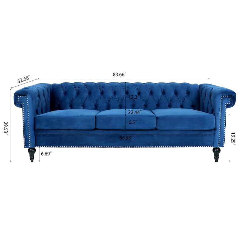 Traditional Square Arm Tufted Upholstery Three-Seater Sofa - 32.68 x 83.66 x 29.53