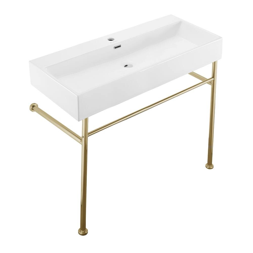 Reims 40 Ceramic Console Sink White Basin Gold Legs - 39.35" x 16.55" 35.45"