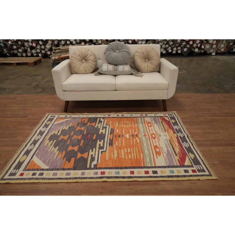 Hand Woven Oriental 100% Wool Carpet Southwestern Tribal Oranges & Rust Kilim Area Rug - 5' 11'' X 4' 1''