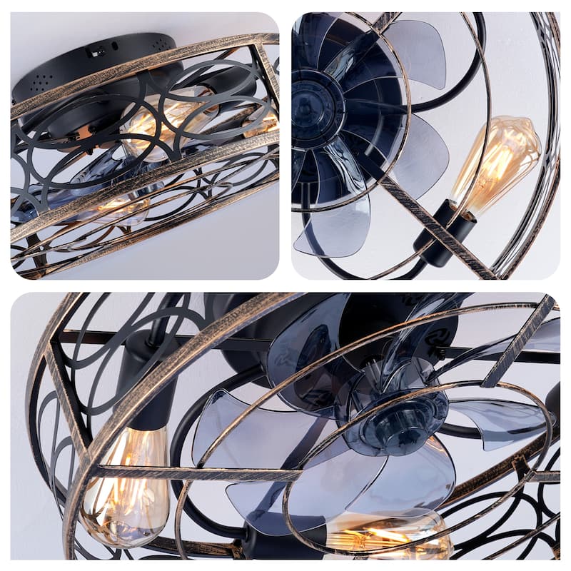 20" Low Profile Caged Ceiling Fans with Lights and Remote, Farmhouse Flush Mount Ceiling Fan with 6 Speeds Reversible Motor